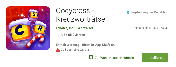Ein Screenshot vom App-Game CodyCross von Fanatee im Google Play Store im Dezember 2018